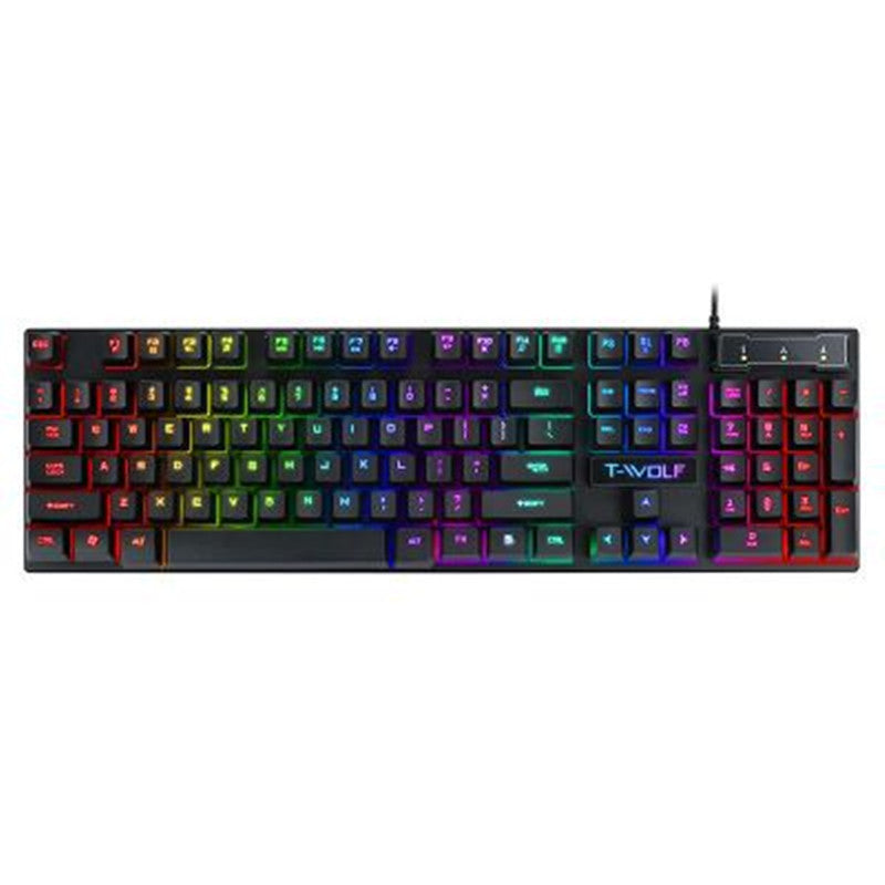 USB wired RGB gaming keyboard with colorful backlight, floating keychain design, and multimedia shortcuts.