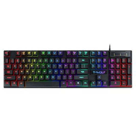 USB wired RGB gaming keyboard with colorful backlight, floating keychain design, and multimedia shortcuts.